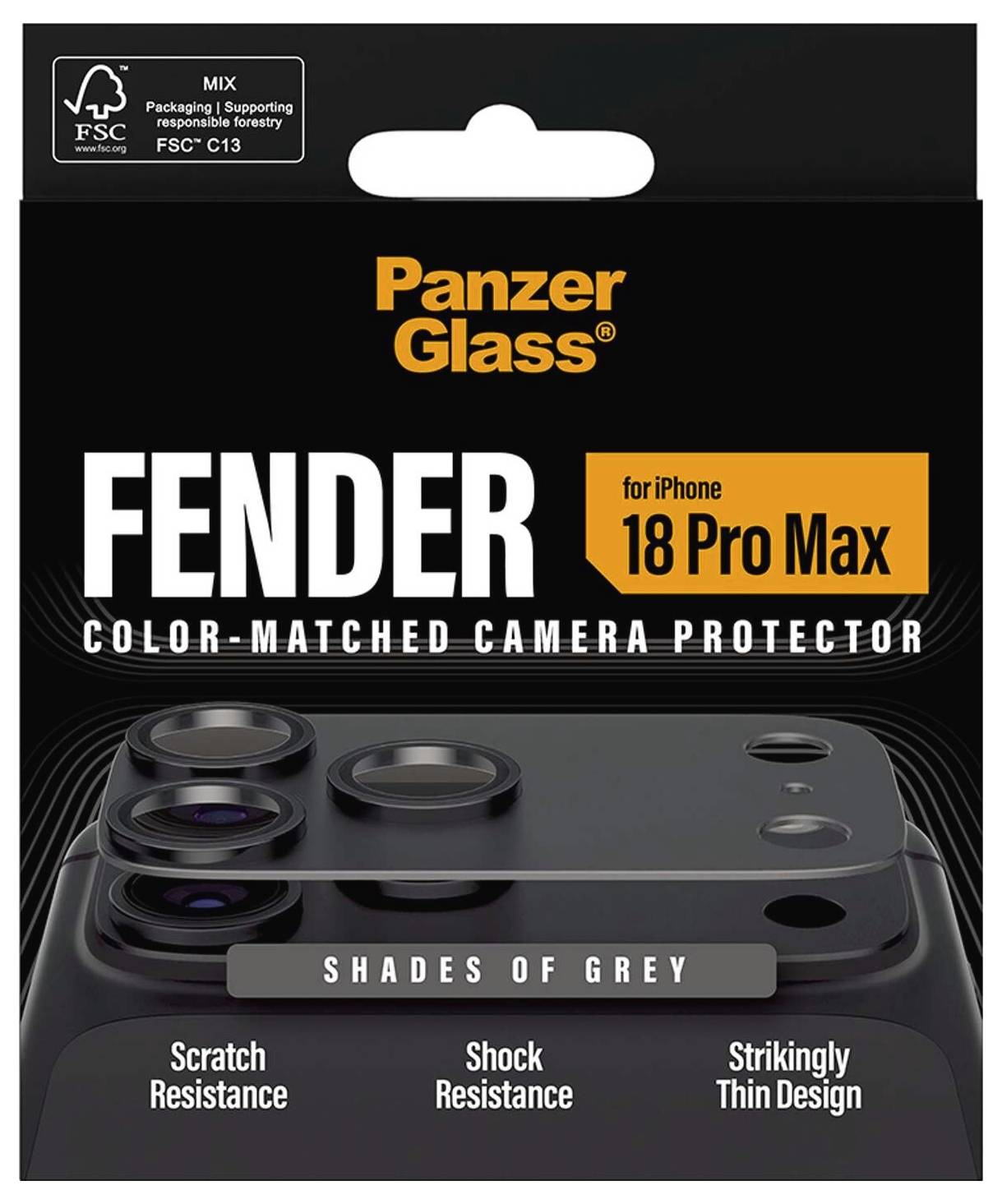 PanzerGlass Fender color-matched camera protector packaging for iPhone 18 Pro Max, shade 'Shades of Grey,' highlighting scratch and shock resistance and thin design.