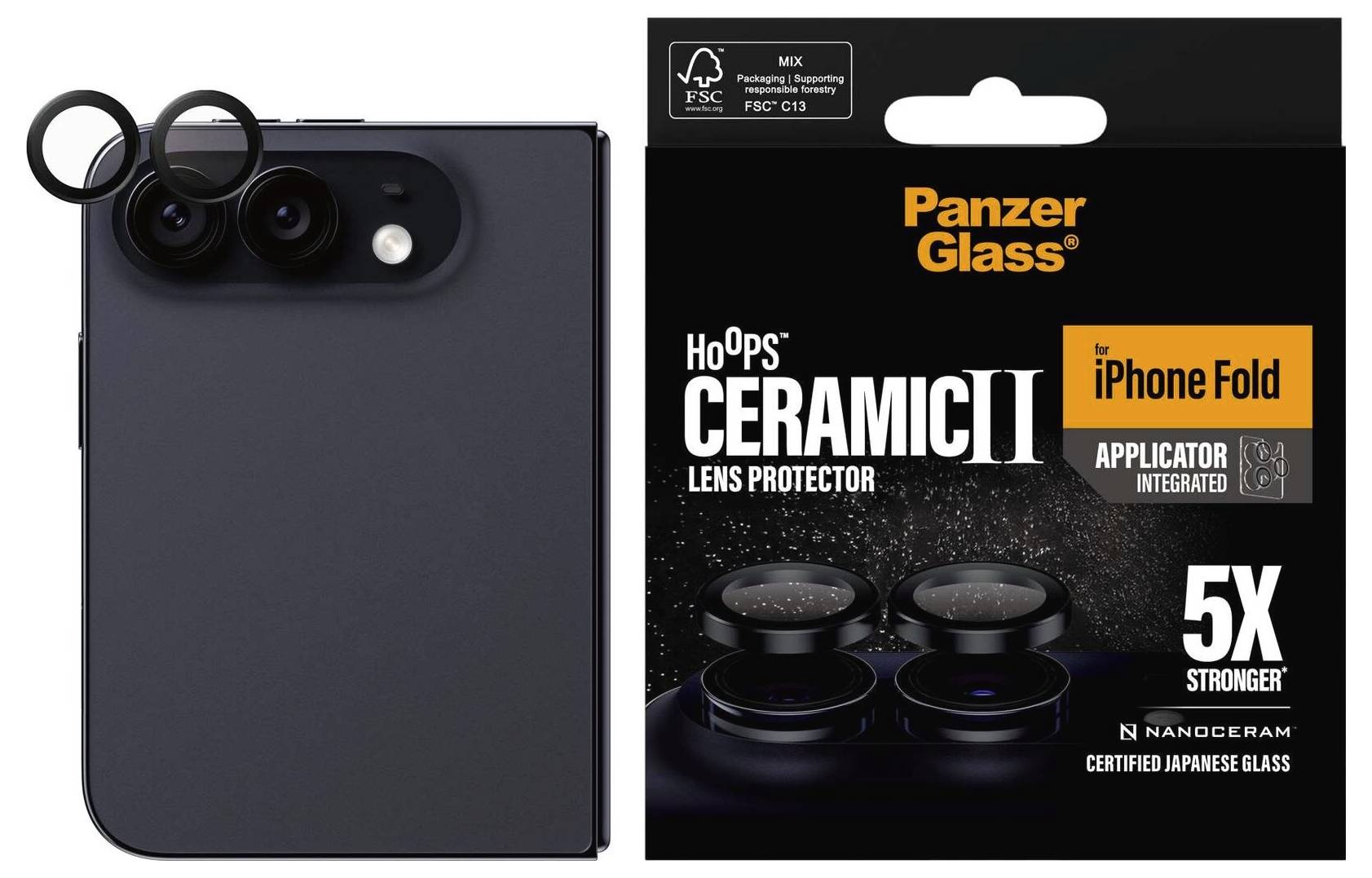PanzerGlass HoOps Ceramic II lens protector packaging beside an iPhone Fold with a camera lens protector installed.
