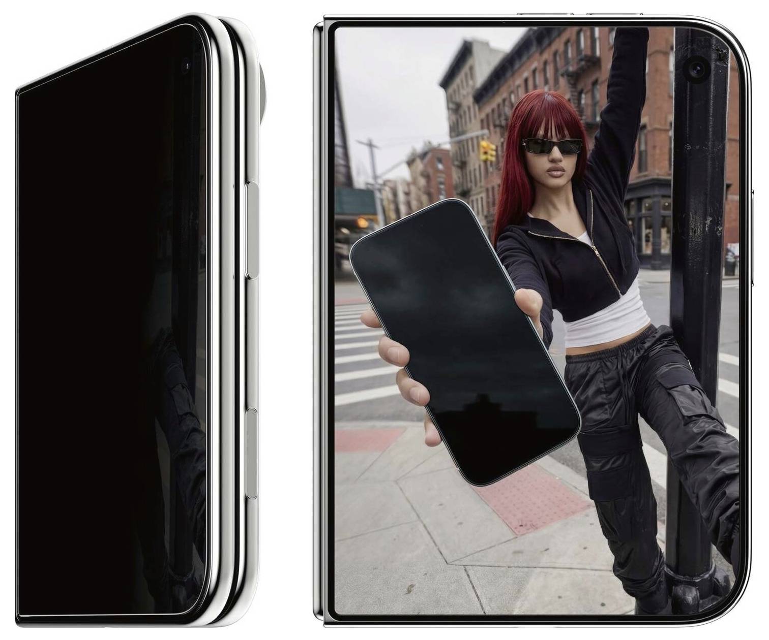 Foldable smartphone shown open and closed, with a person on the screen holding out the phone on a city sidewalk.