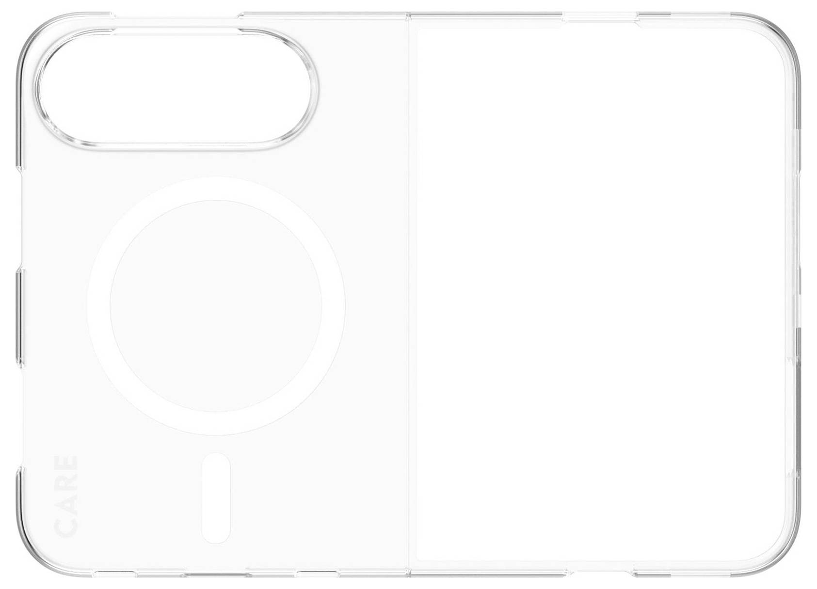 Clear phone case with a raised MagSafe ring and large camera cutout on the back.