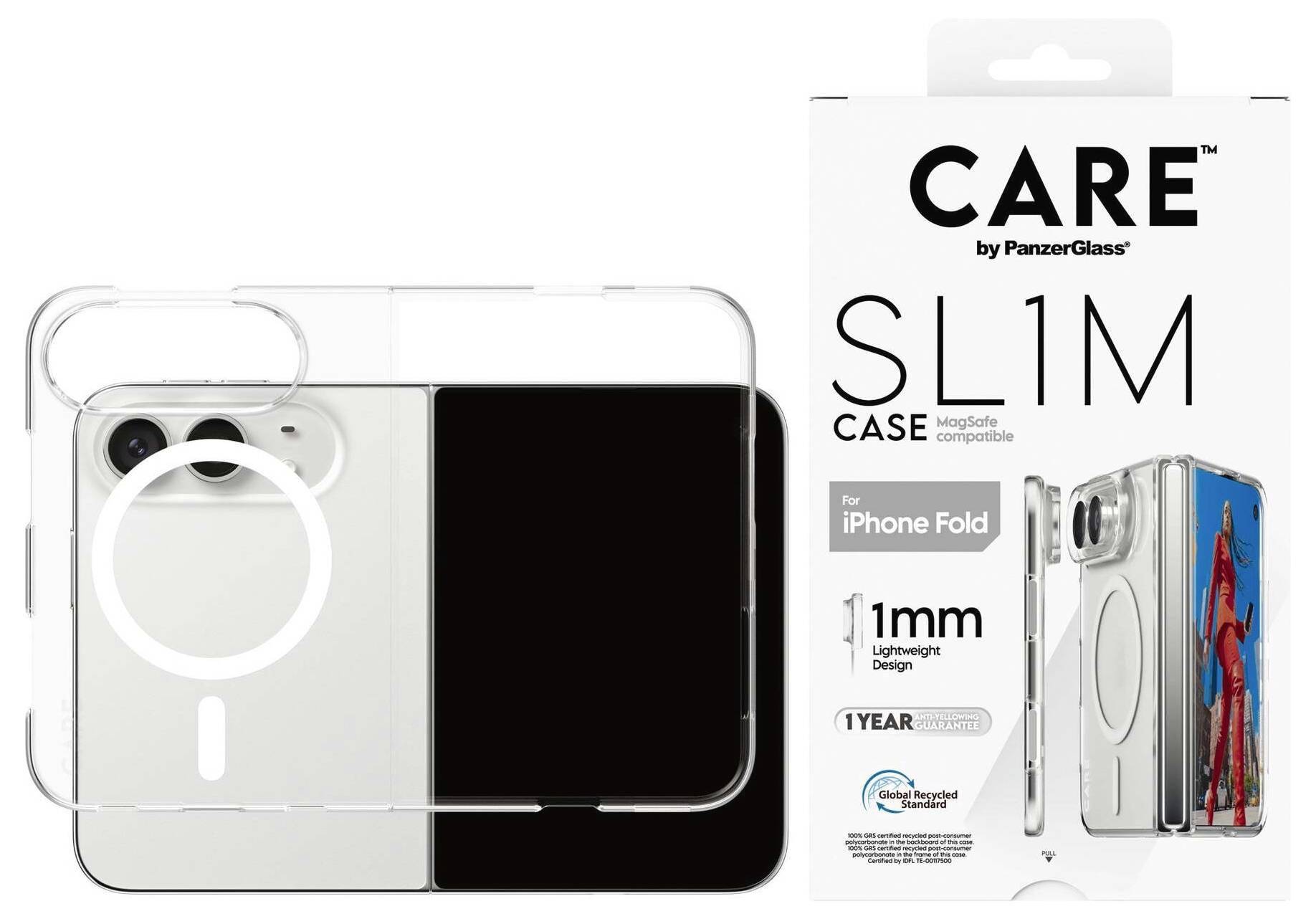 Clear slim transparent phone case for iPhone Fold beside retail packaging labeled CARE by PanzerGlass SLIM CASE, 1mm lightweight design<br>