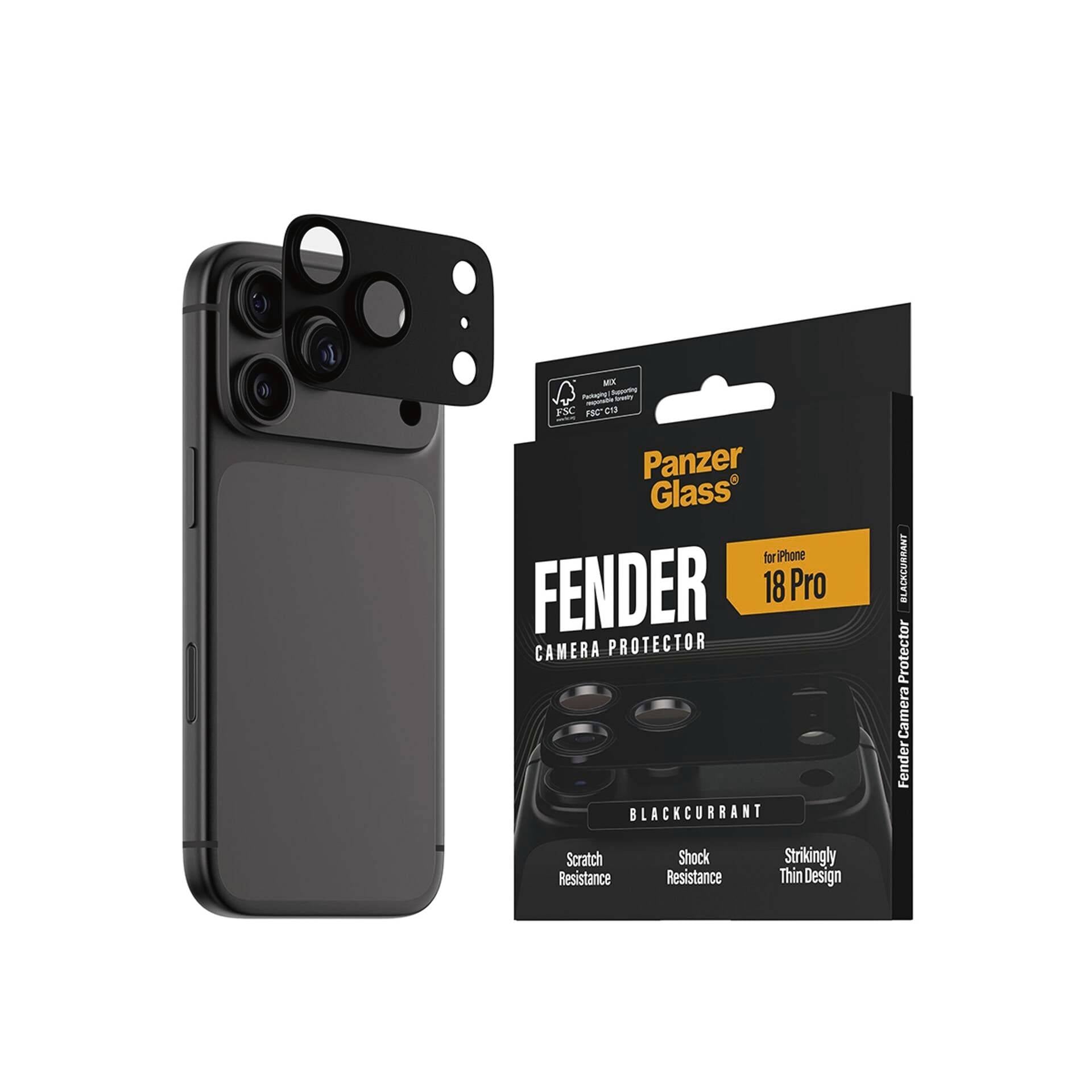 Black iPhone 18 Pro with PanzerGlass Fender camera protector installed beside product packaging labeled 'FENDER CAMERA PROTECTOR' and 'iPhone 18 Pro'.<br>