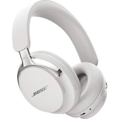 White Bose over-ear wireless headphones with a padded headband and earcups on a plain background.