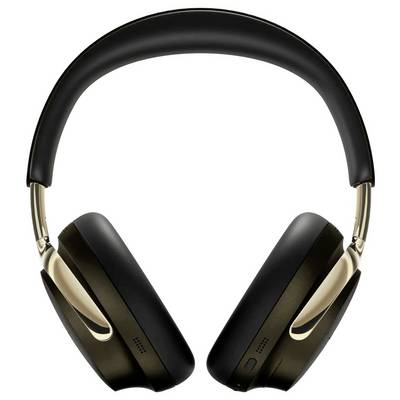 Wireless over-ear headphones with black and gold finish, shown front view on a white background.