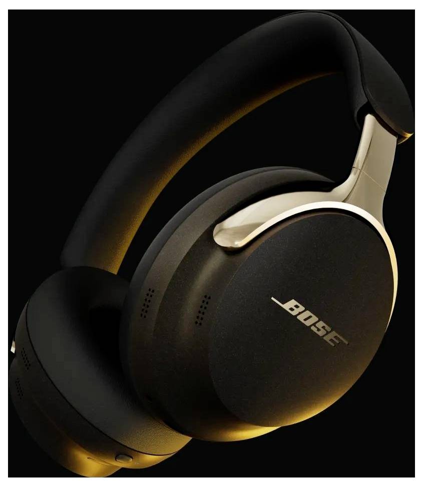 Close-up of black Bose over-ear headphones on a dark background.
