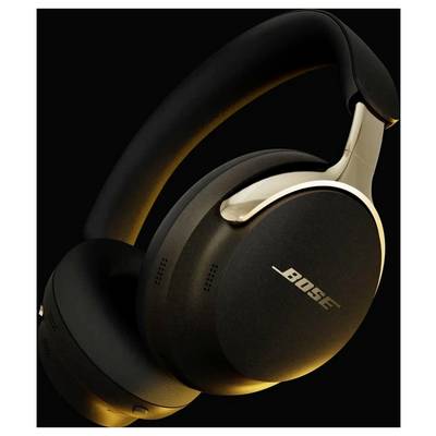 Close-up of black Bose over-ear headphones on a dark background.