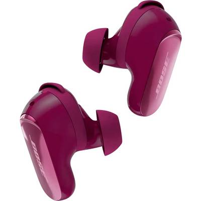 Pair of magenta Bose wireless earbuds on a white background, shown angled to display the ear tips and outer branding.