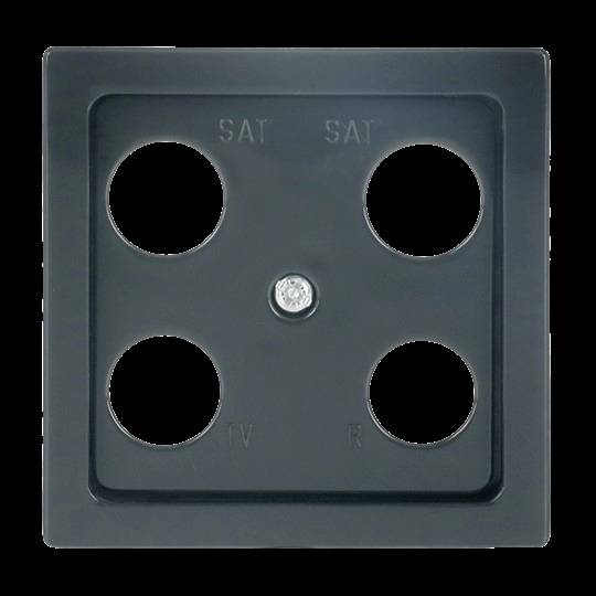 Black wall plate with four circular cable openings labeled 'SAT', 'SAT', 'TV', and 'R', plus a center screw.<br>