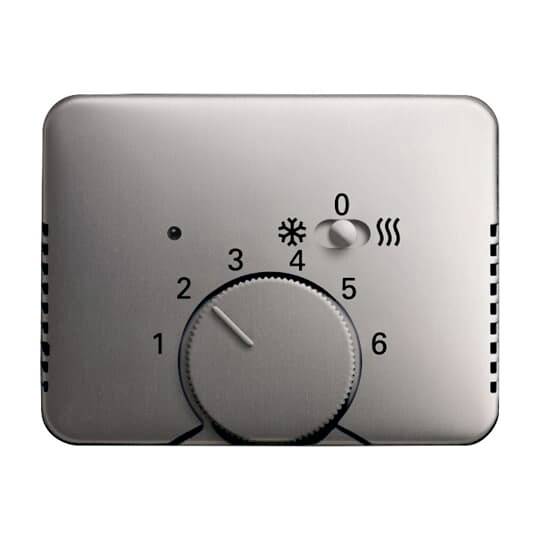 Silver thermostat control panel with a large temperature dial labeled 1 to 6 and a small mode switch at 0, snowflake, and heat settings.<br>
