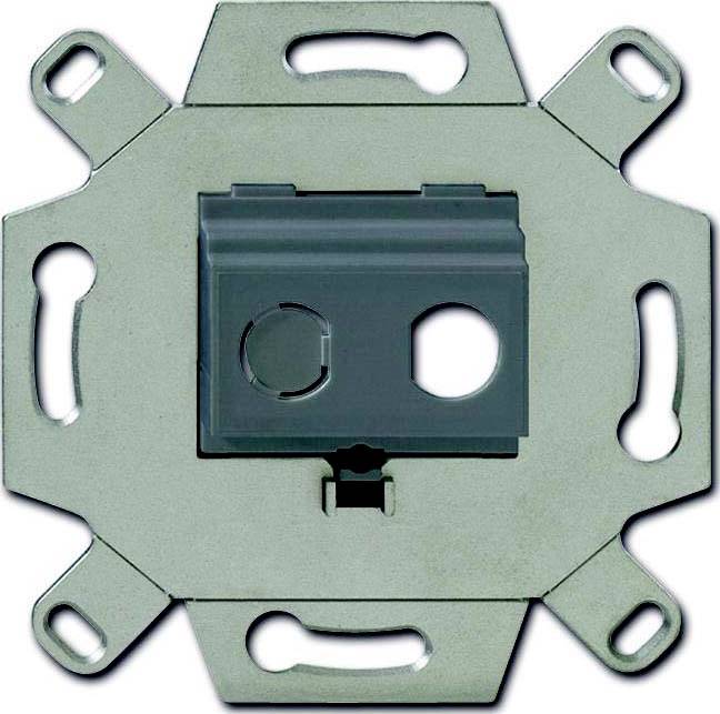 Metal mounting plate with a central dark plastic connector housing and multiple slotted screw holes for electrical installation.