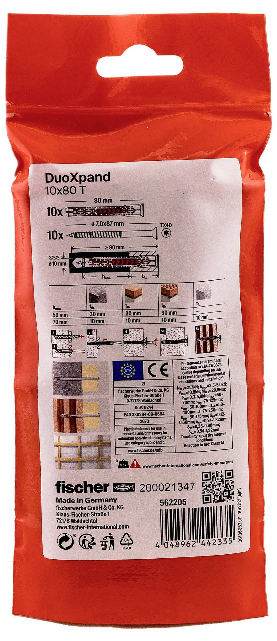 Orange Fischer DuoXpand 10x80 T wall plug package with product specifications, installation diagrams, and barcode on the back label.