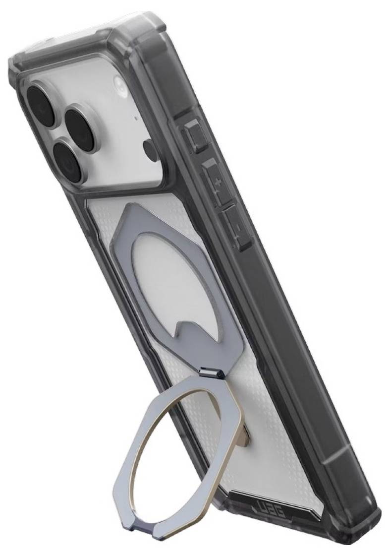 Clear phone case with built-in magnetic ring stand attached to the back, shown on a smartphone with triple rear cameras.