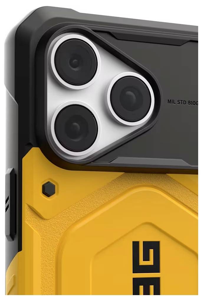 Close-up of a rugged black-and-yellow phone case with three rear camera lenses and visible 'MIL STD 810G' text.<br>