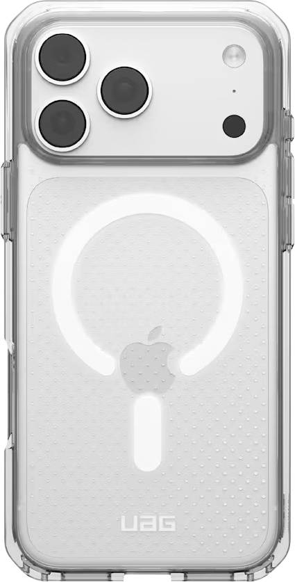 Clear phone case with MagSafe ring and UAG logo on a smartphone, showing the back camera cutouts.