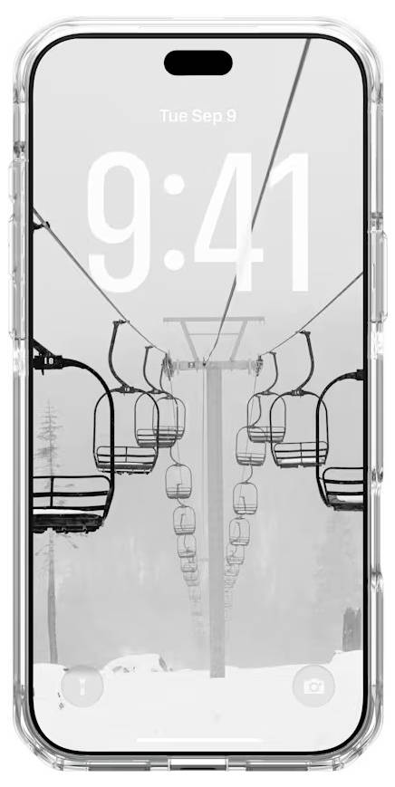 iPhone lock screen showing a ski lift over a snowy mountain scene, with time 9:41 and date Tue Sep 9.
