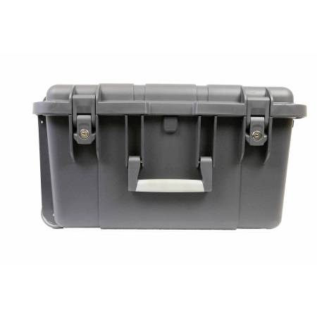 Gray hard plastic storage case with a hinged lid, front latch, and carrying handle on a white background