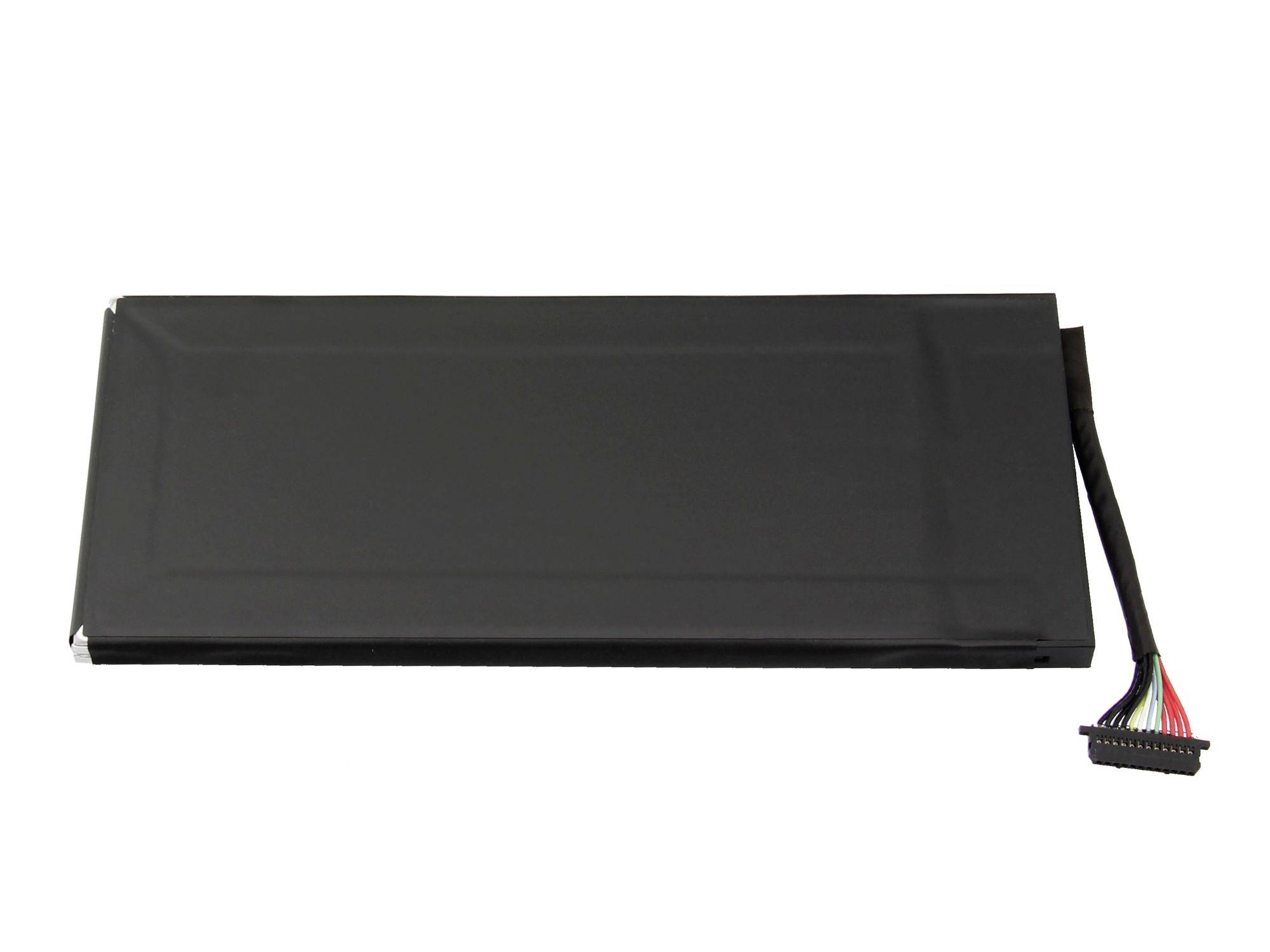 Black rectangular electronic battery pack with attached multicolored wire connector on a white background.