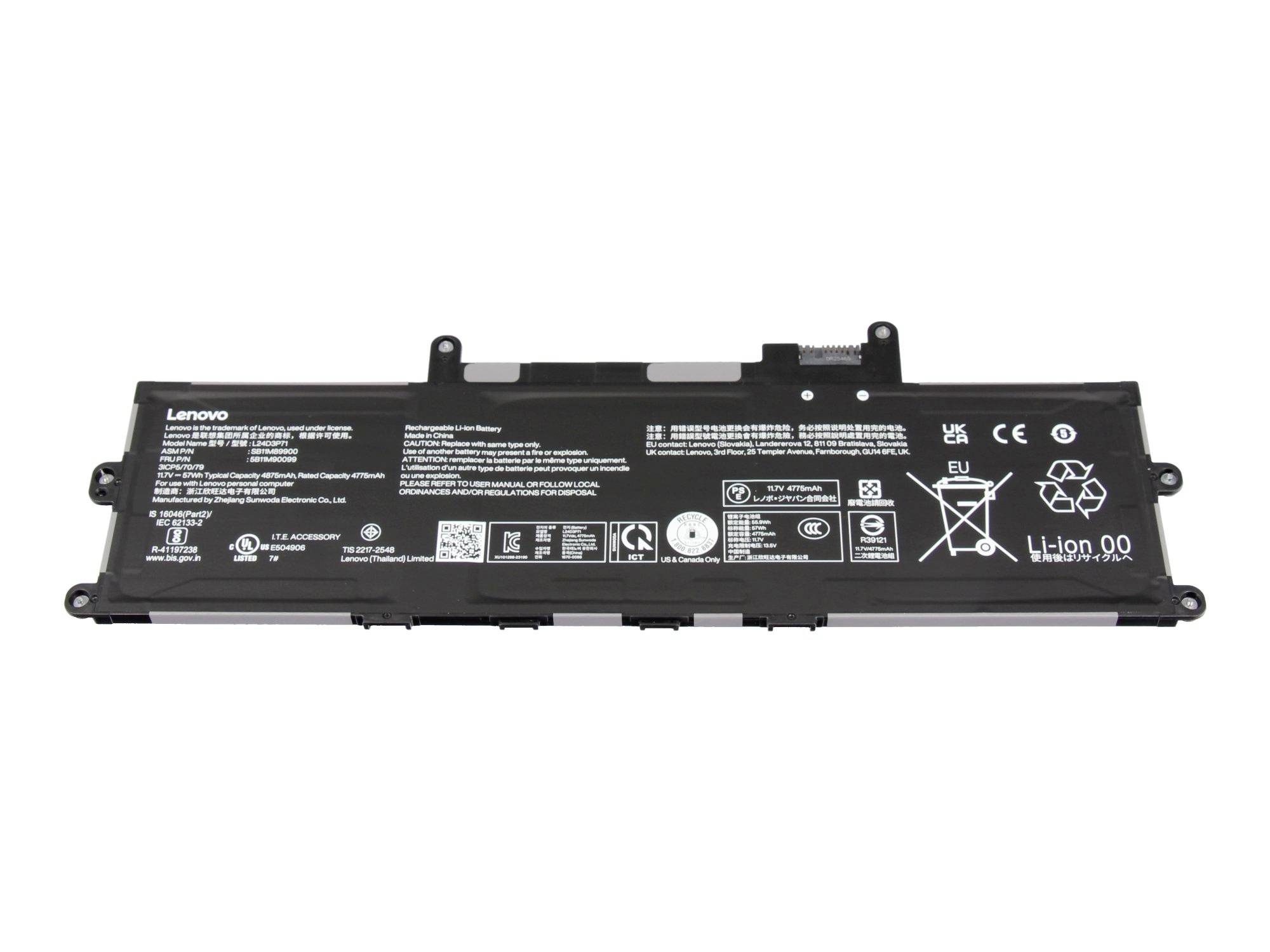 Lenovo laptop battery pack with printed safety labels and lithium-ion recycling symbol on a white background.