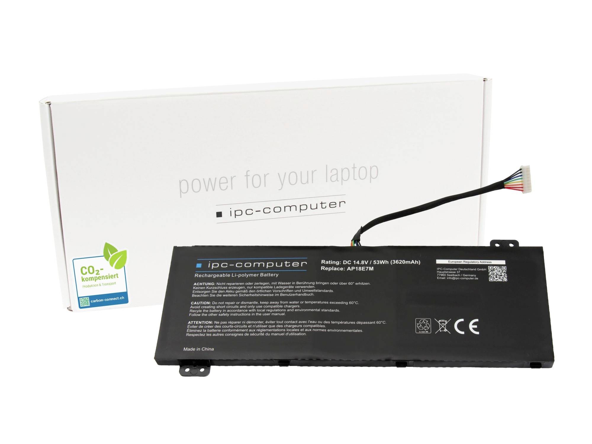 Laptop replacement battery with white packaging box labeled 'power for your laptop' and 'ipc-computer'.