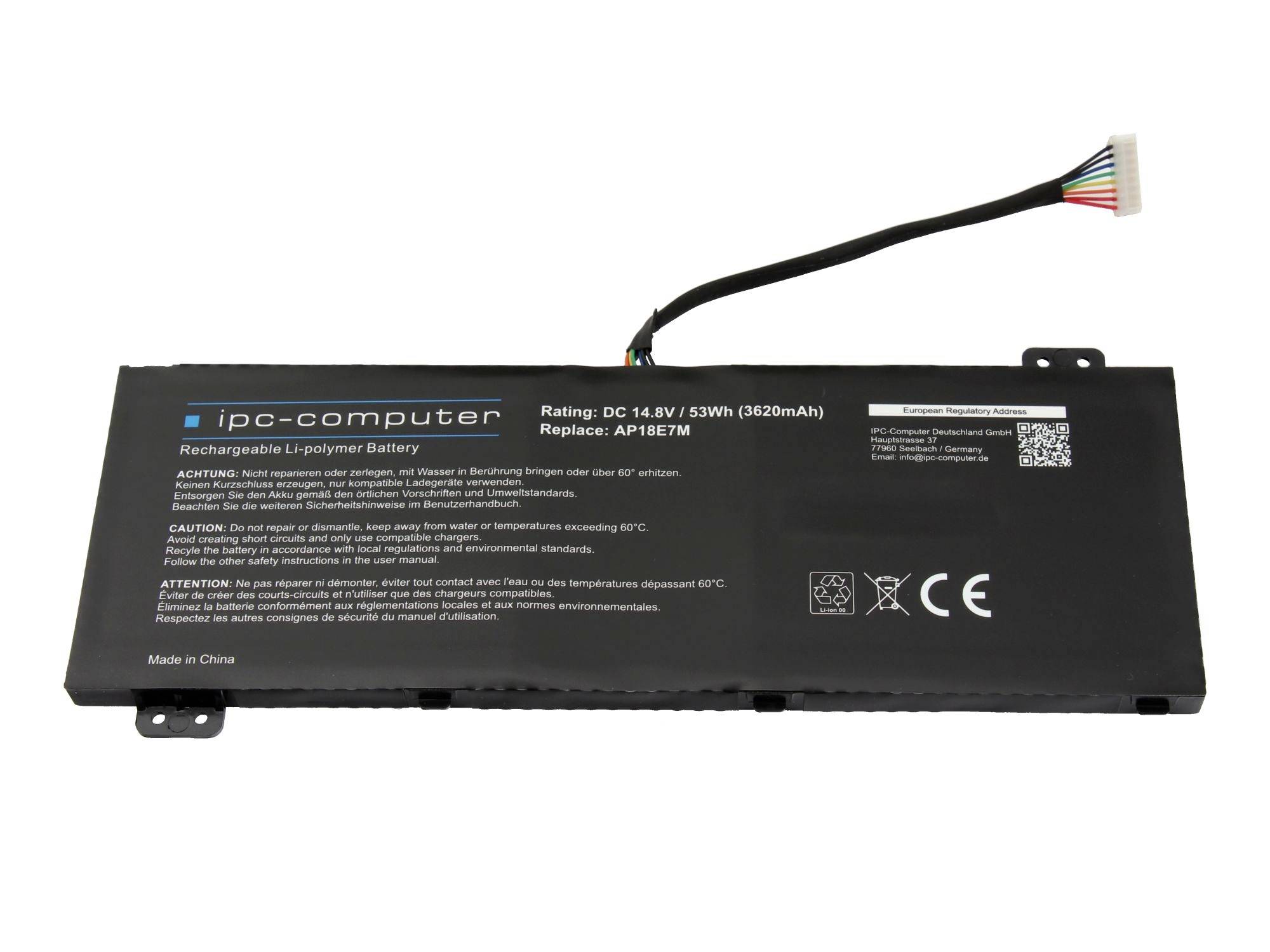 Black iPC-Computer rechargeable lithium-polymer laptop battery with attached cable and connector, labeled 14.8V 53Wh.
