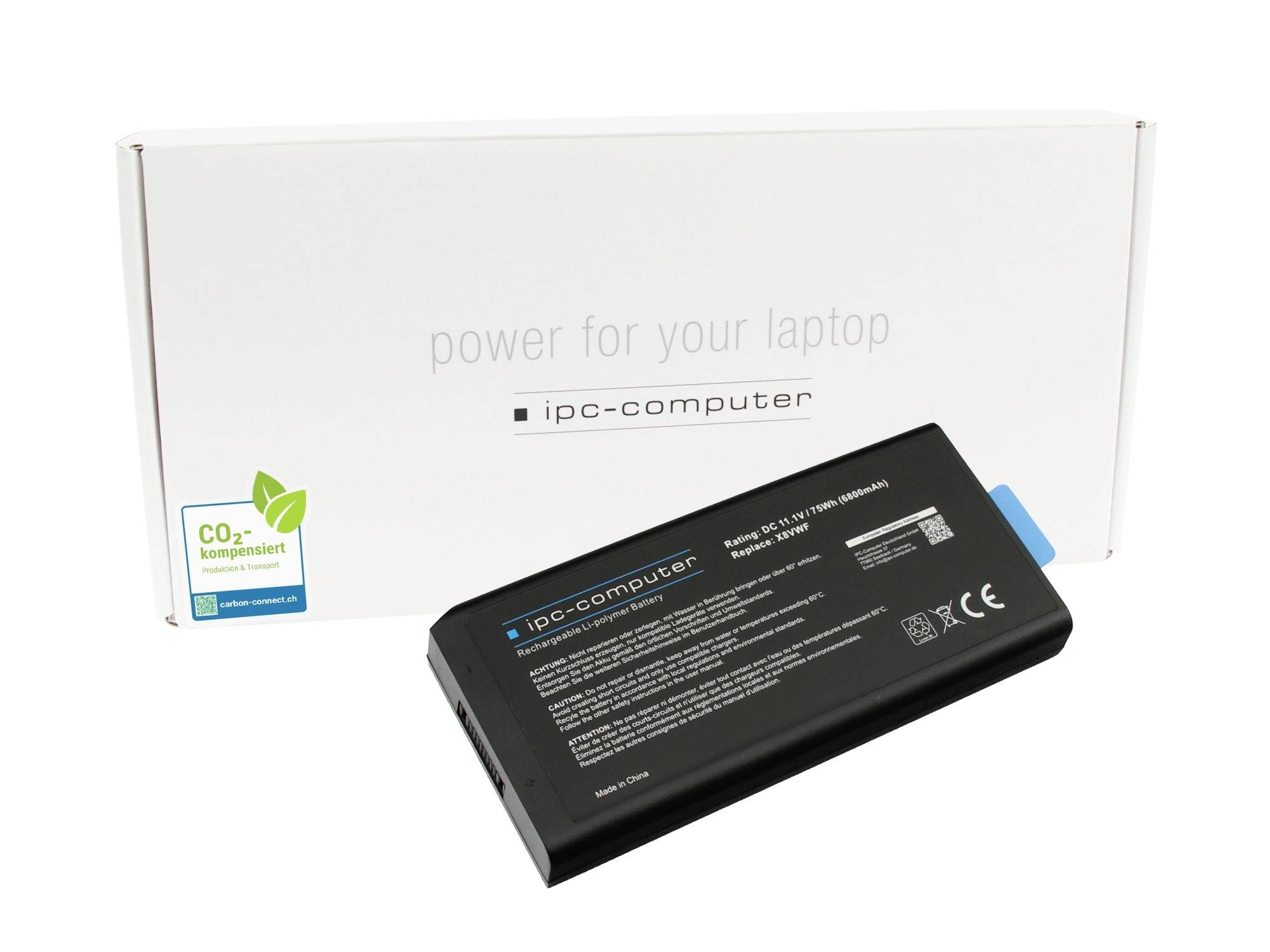Laptop battery replacement kit with a black IPC-Computer battery in front of a white box labeled 'power for your laptop'.