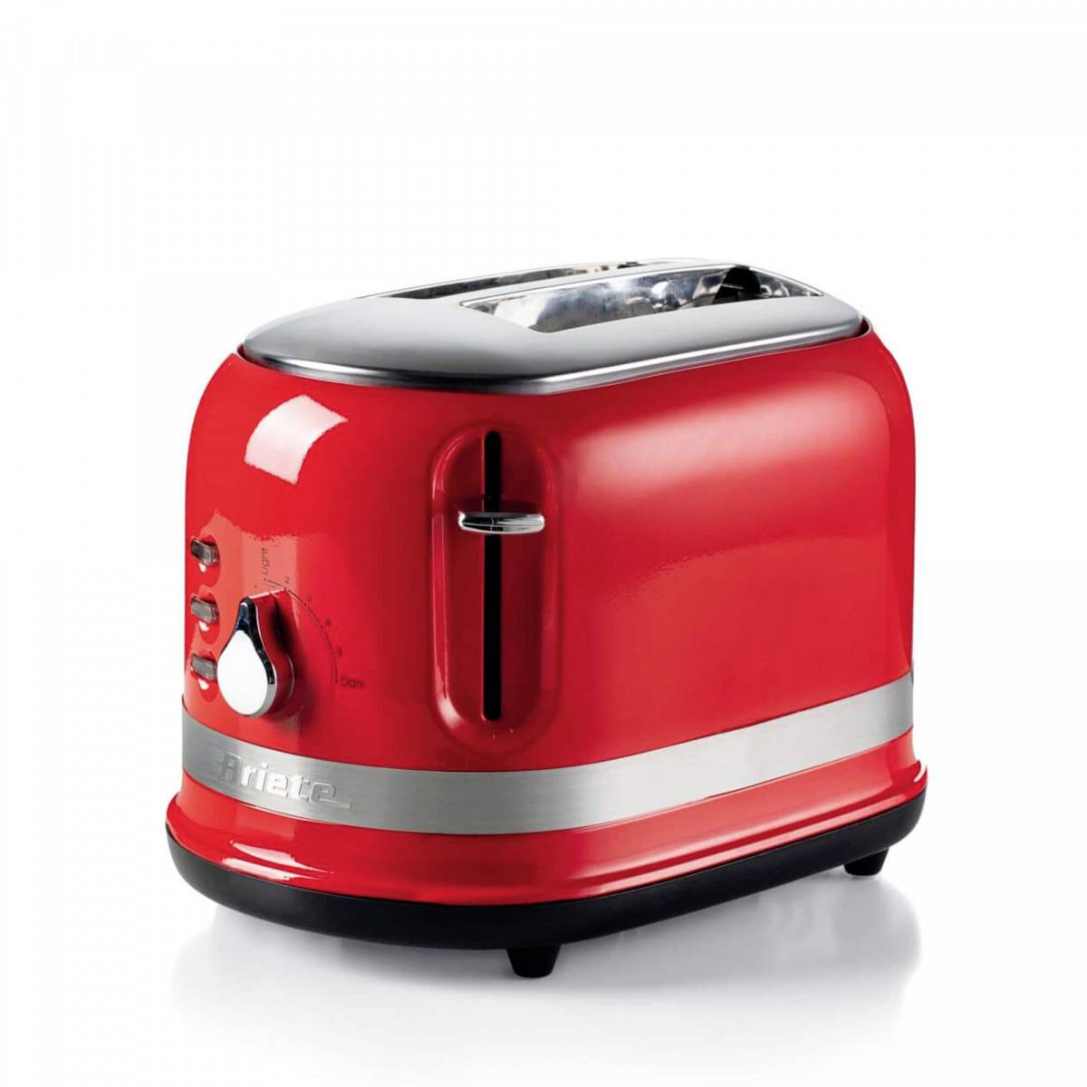 Red two-slice toaster with silver accents and control dial, shown on a white background.<br>