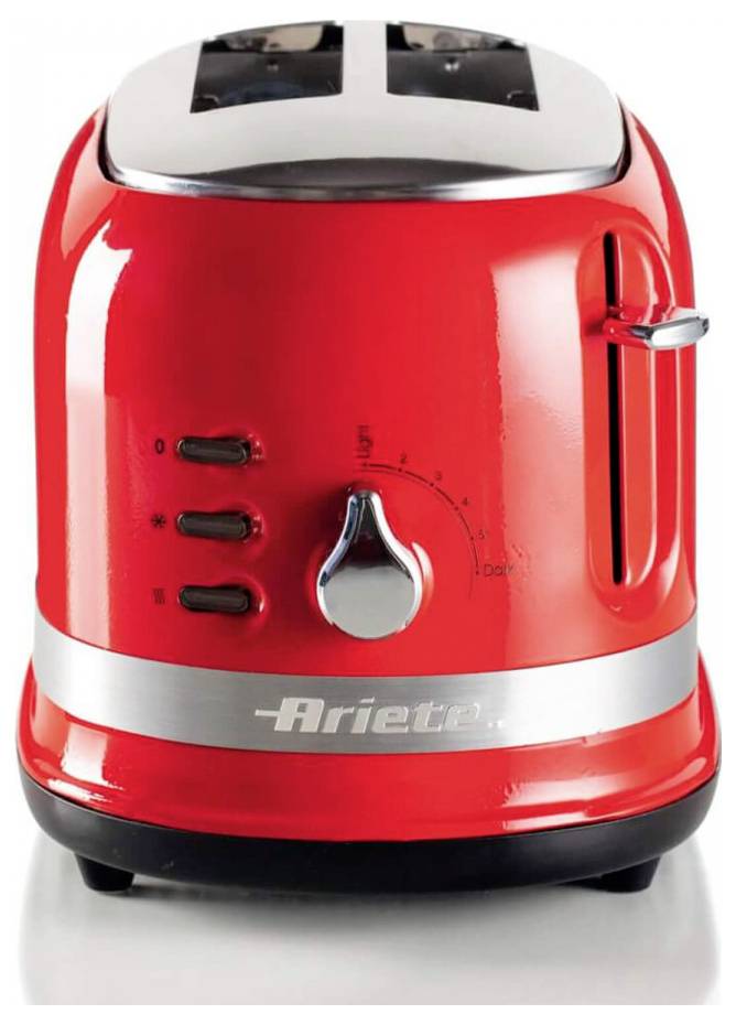 Red two-slice toaster with silver top, controls and lever, branded Ariete on the front.