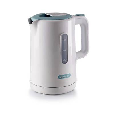 White electric kettle with teal lid and handle, water-level window, and Ariete logo on a plain background.