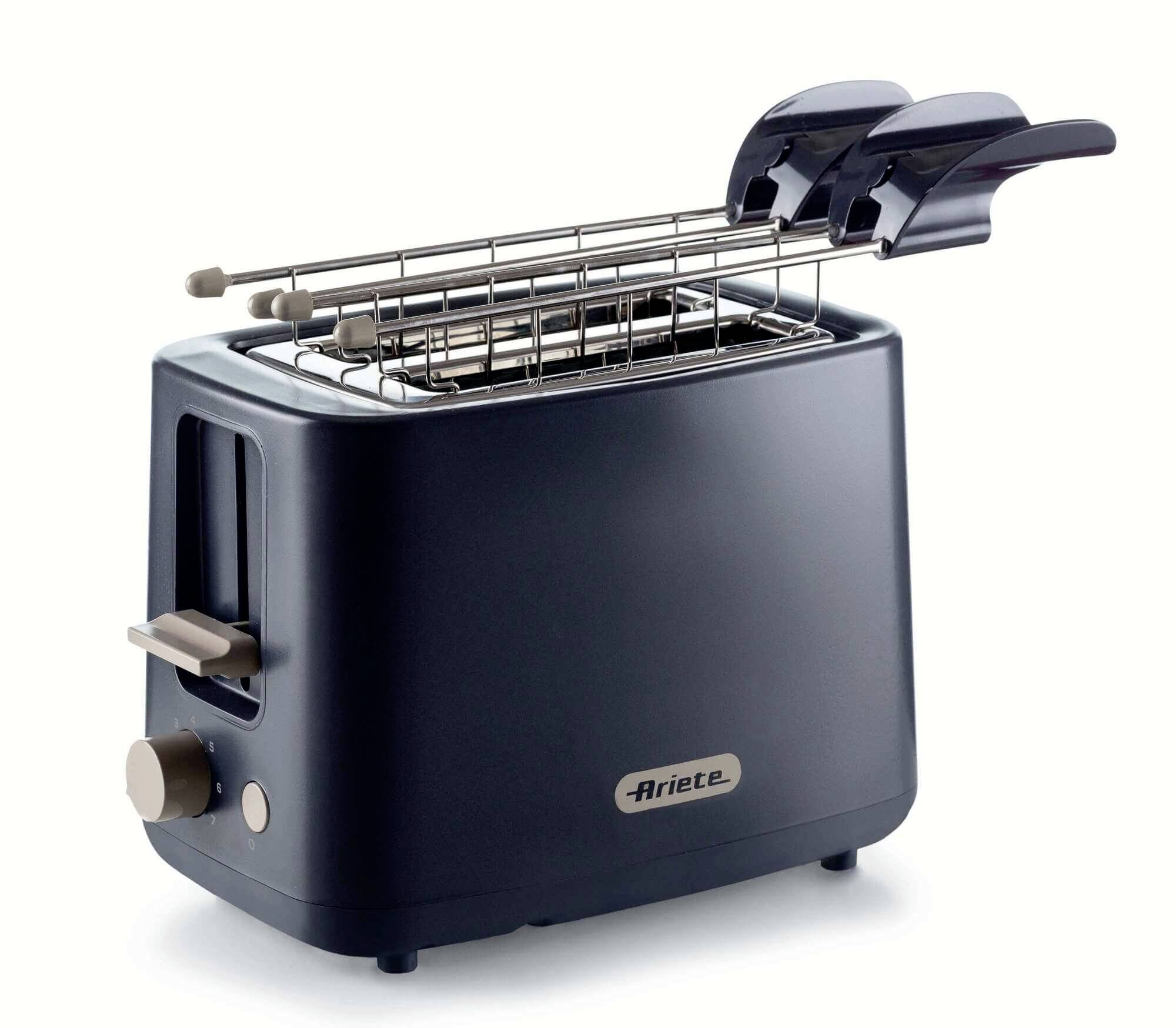 Black two-slice toaster with chrome rack and Ariete logo on front, shown on a plain white background.