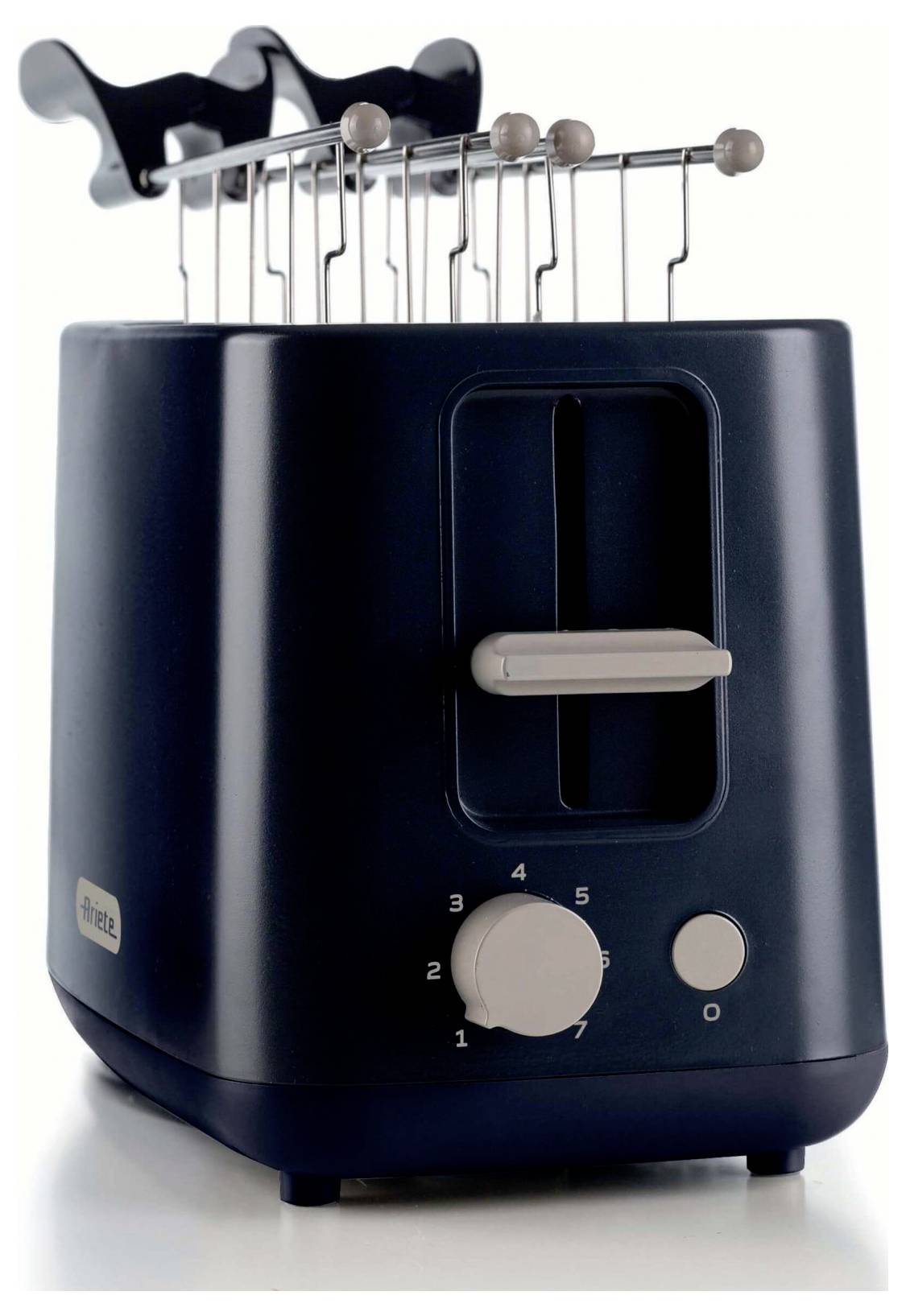 Black two-slot toaster with a lever and numbered browning dial, holding a row of skewers or utensils on top.