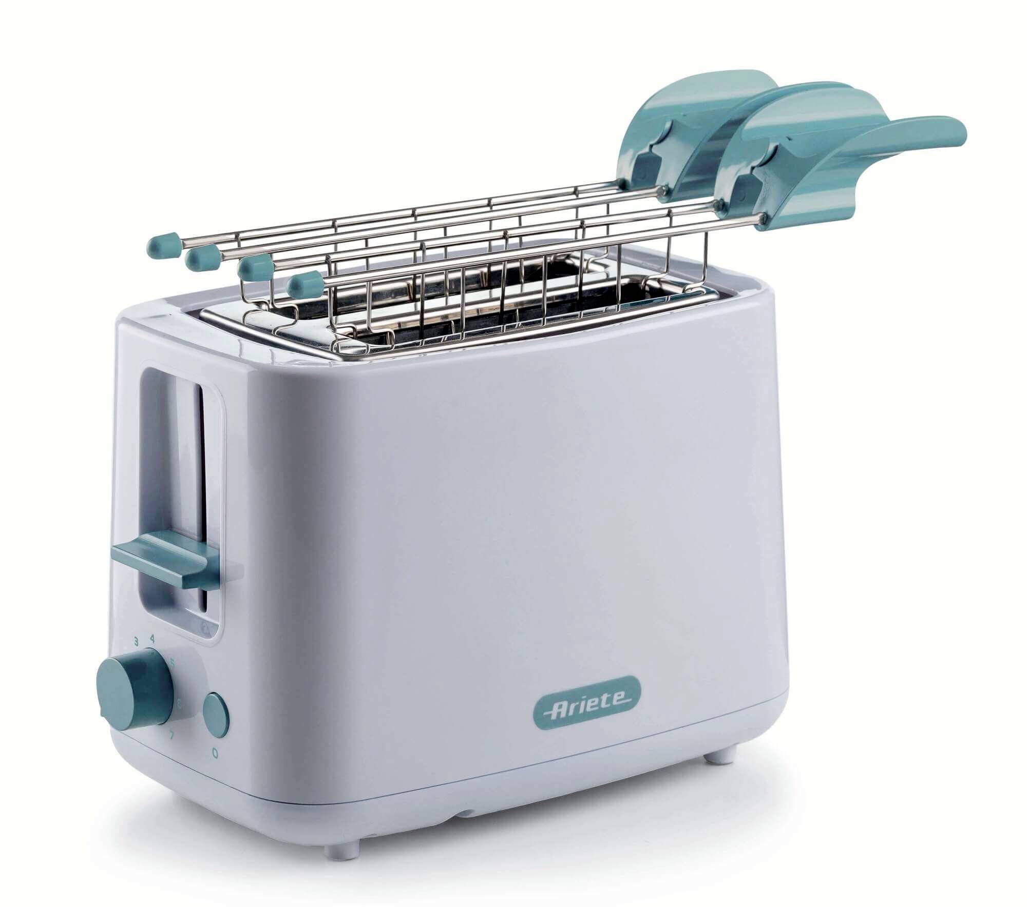 White two-slice toaster with teal accents and a top warming rack, shown on a plain background.