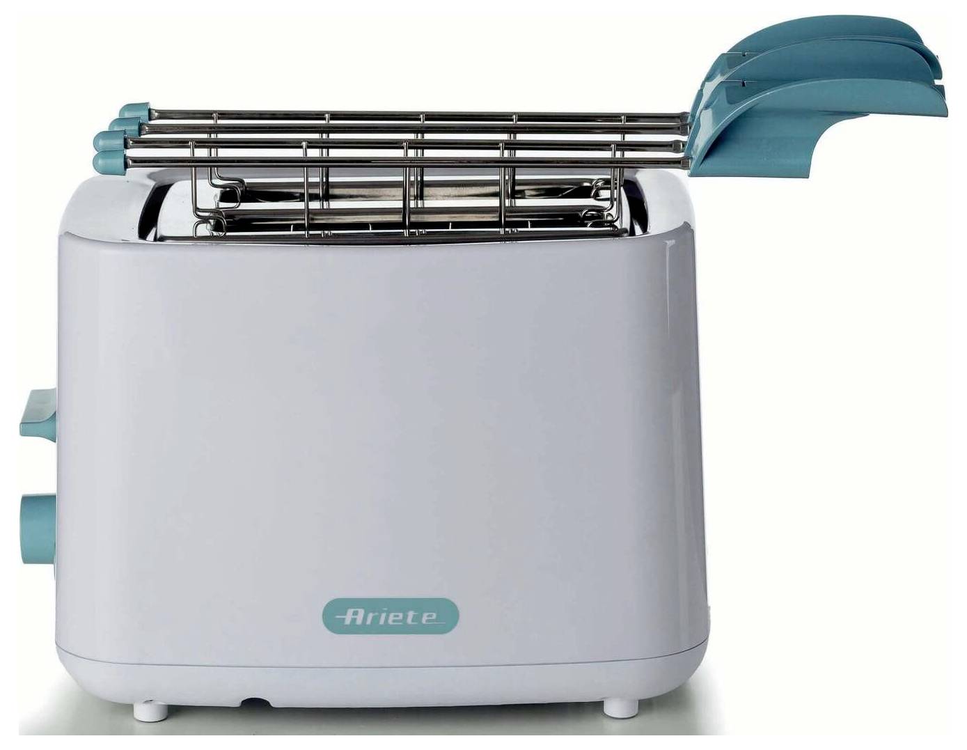 Silver two-slice toaster with teal accents and control knobs on a white background.