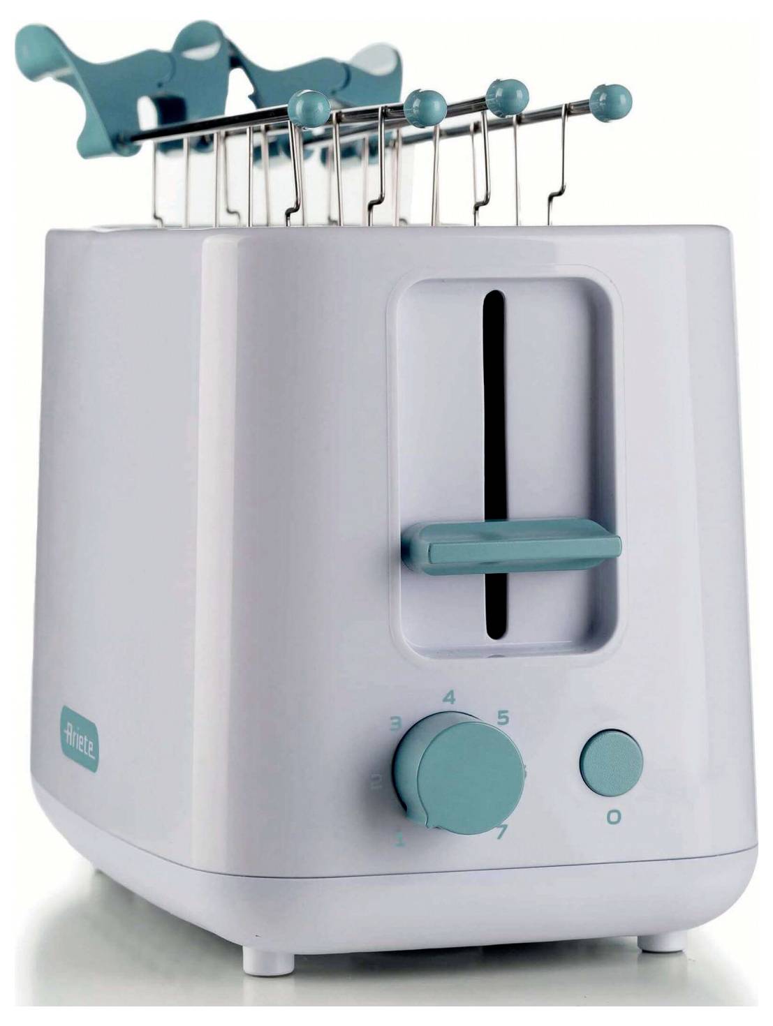 White two-slot toaster with teal controls and a raised toast lever on top, shown against a plain background.