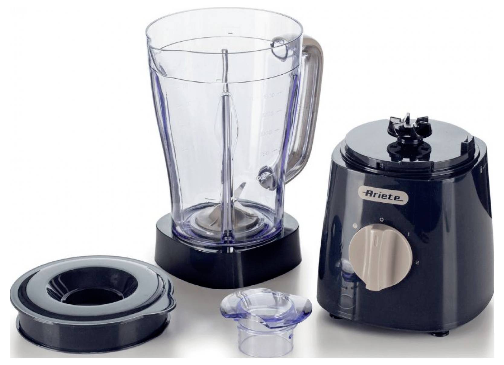Countertop blender set with black motor base, clear pitcher, lid, and small accessory piece on a white background.