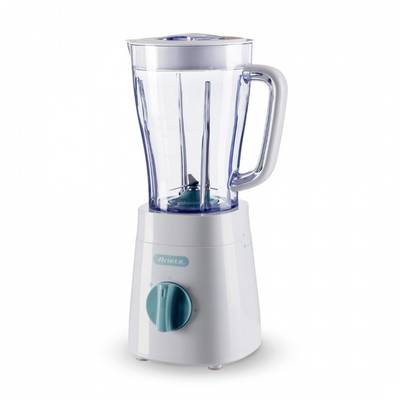 A white countertop blender with a clear pitcher, gray handle, and teal control knob on a plain background.