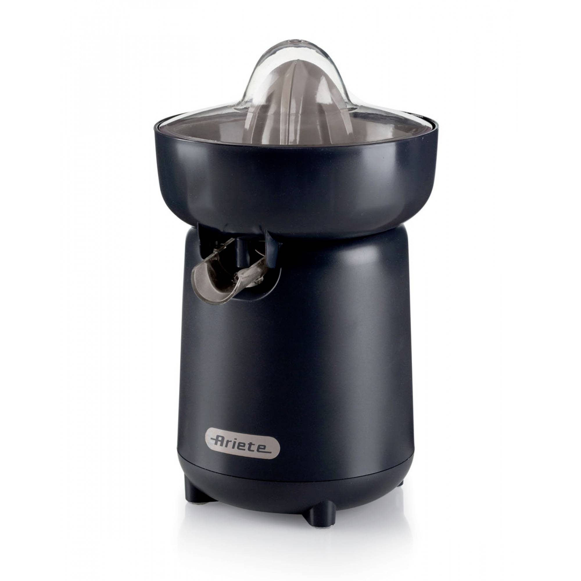 Black Ariete electric citrus juicer with clear dome lid and spout, shown on a white background.