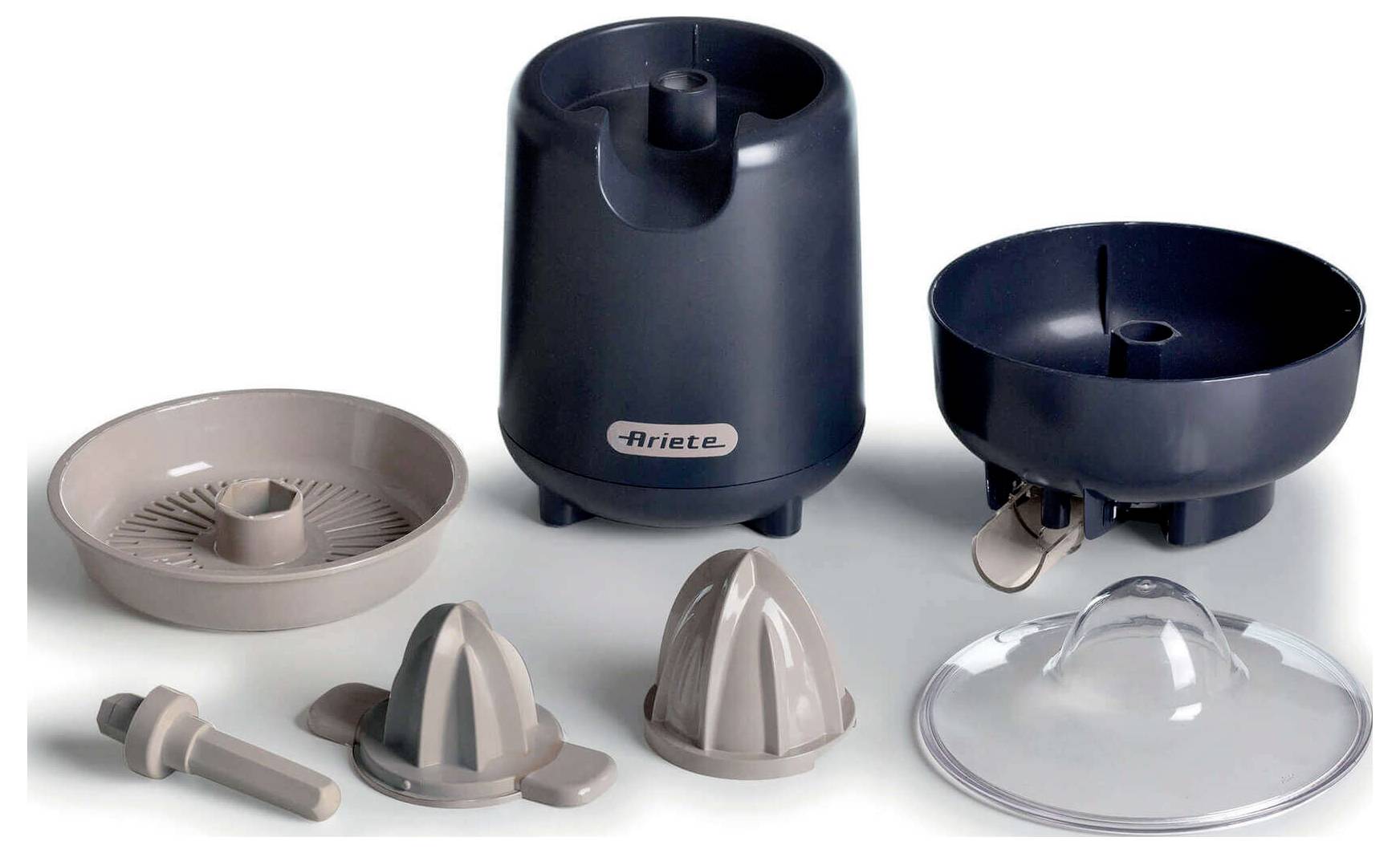 Assorted food processor attachments and parts, including a main black motor base, bowls, blades, lids, and a pusher on a white background.