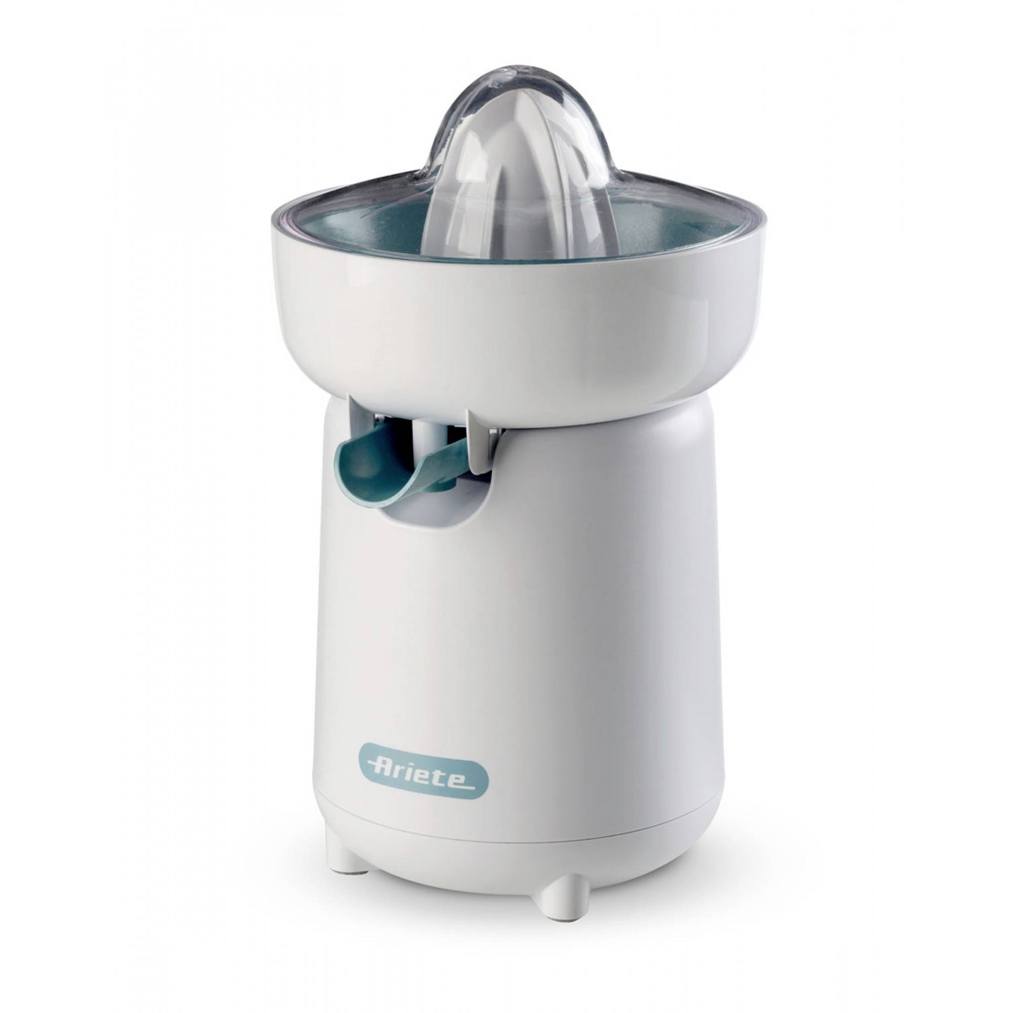 White electric citrus juicer with clear cone reamer and teal accents, branded 'Ariete', shown on a white background.