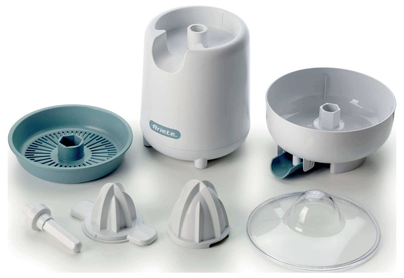 A set of white and teal plastic juicer parts laid out on a white background, including the motor base, bowls, reamer attachments, and a clear lid.