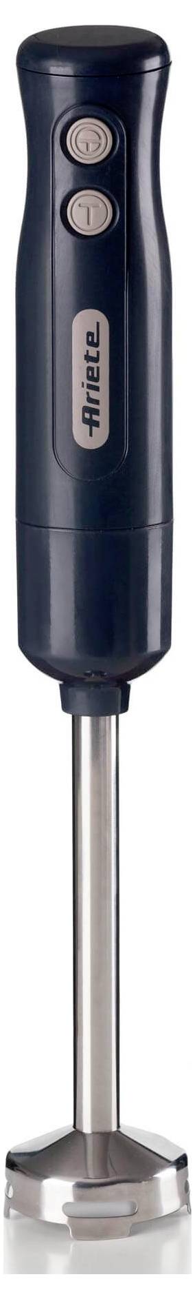 Handheld immersion blender with dark blue handle, two buttons, and metal blending shaft with blade guard.