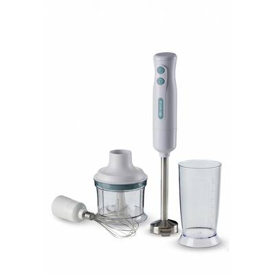 Immersion blender set with motor handle, chopper bowl, whisk attachment, and measuring cup on a white background.<br>