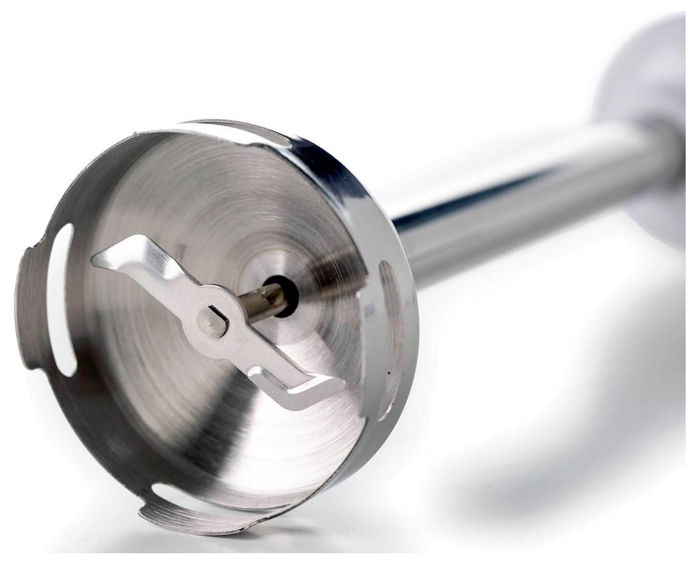 Close-up of a stainless steel immersion blender blending blade on a metal shaft against a white background.