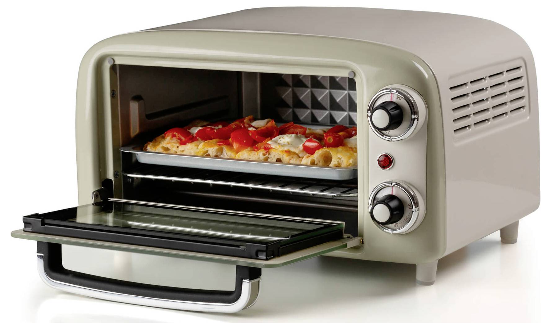 Countertop toaster oven with the door open, showing a pizza baking inside.