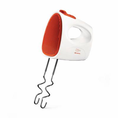 Orange-and-white electric hand mixer with two metal beaters on a plain white background.<br>