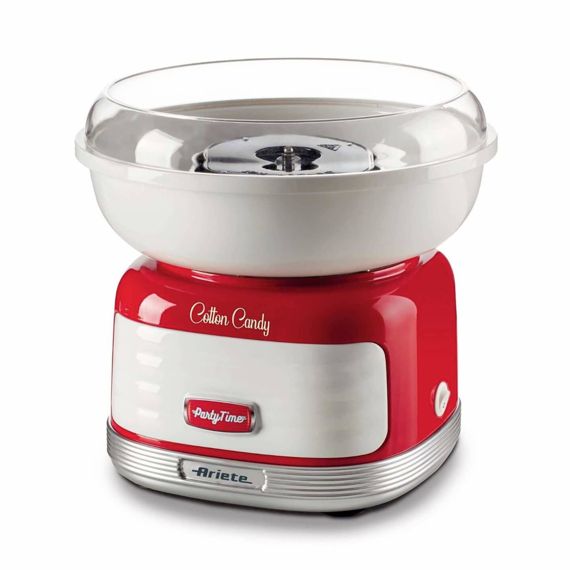 Red and silver cotton candy machine with clear bowl and 'Cotton Candy' label, shown on a white background.<br>