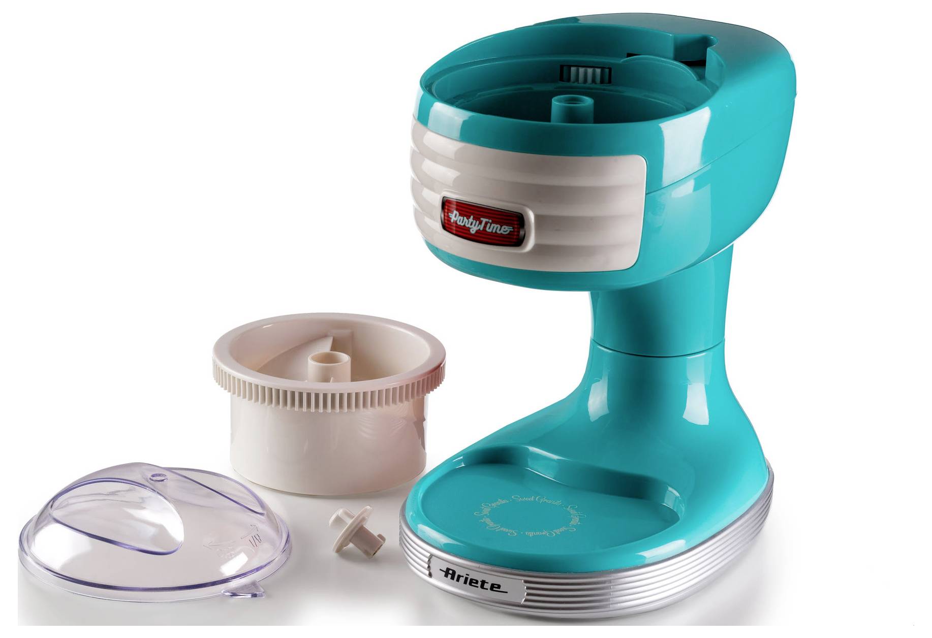 Teal toy stand mixer with removable white bowl, transparent lid, and small accessory pieces on a white background.