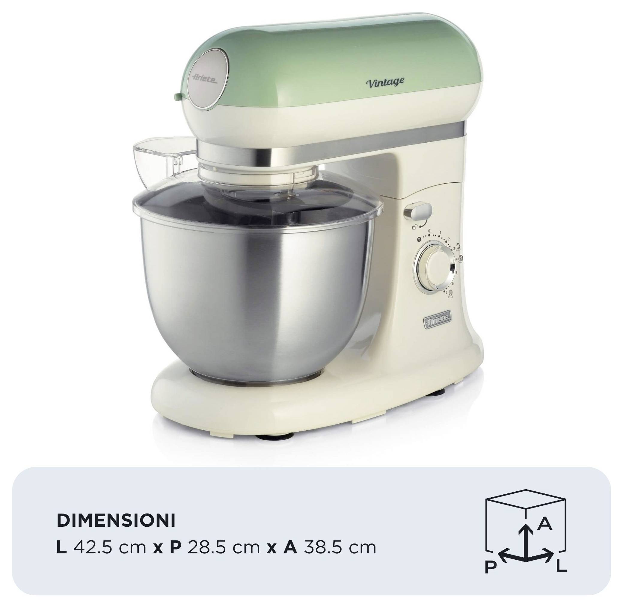 Vintage stand mixer shown with a large metal bowl; dimensions listed as L 42.5 cm x P 28.5 cm x A 38.5 cm.