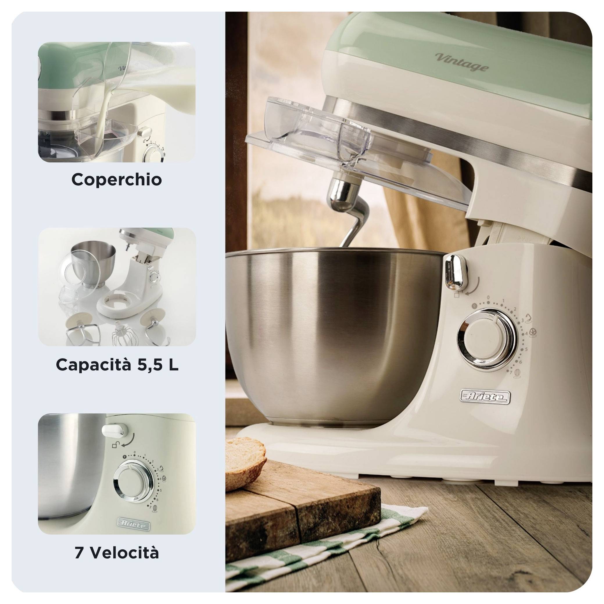 Promotional image of a vintage-style stand mixer with stainless bowl; highlights include lid, 5.5 L capacity, and 7 speeds.<br>