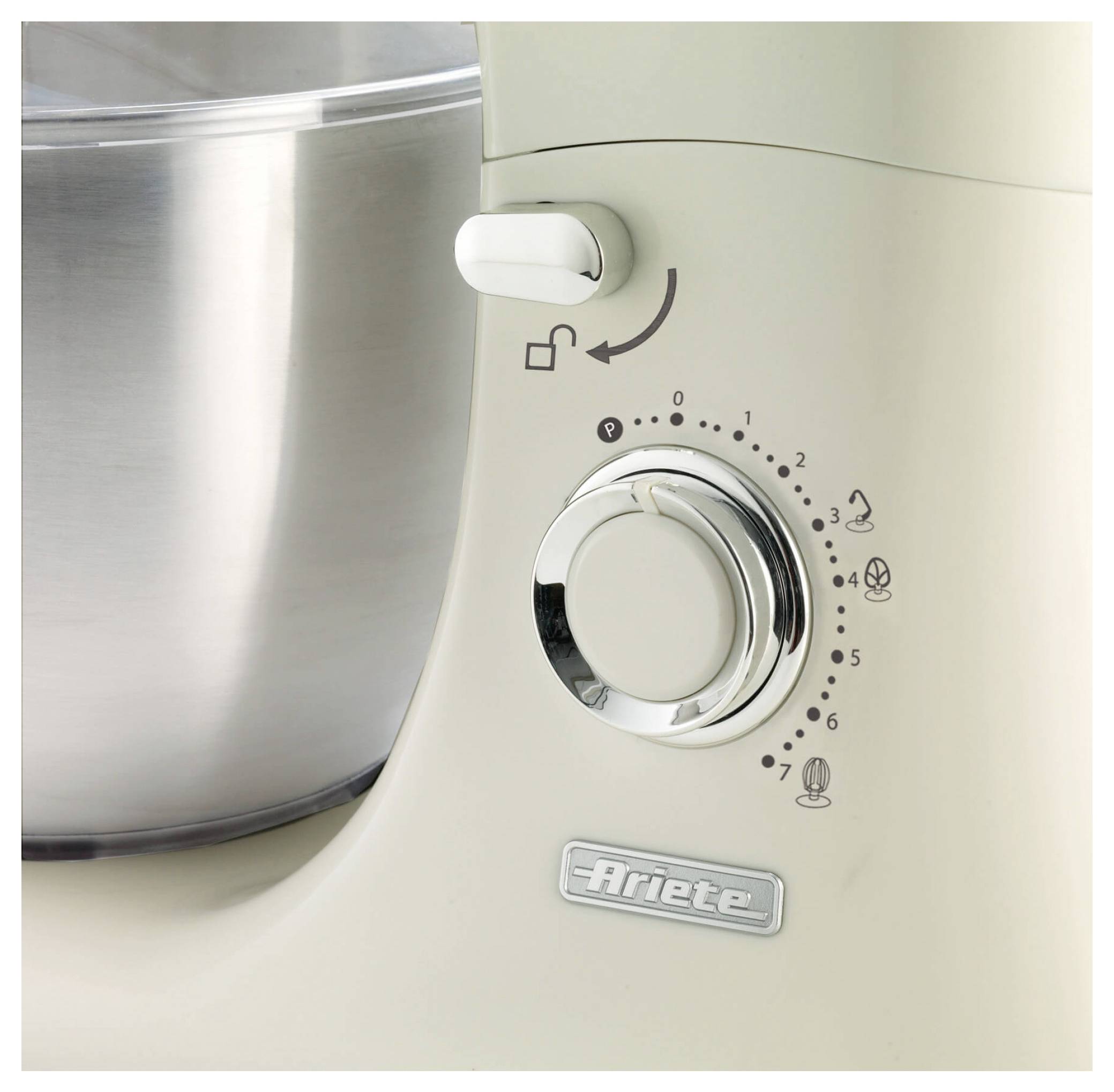 Close-up of an Ariete appliance control panel with a numbered dial and lock lever next to a stainless steel bowl.