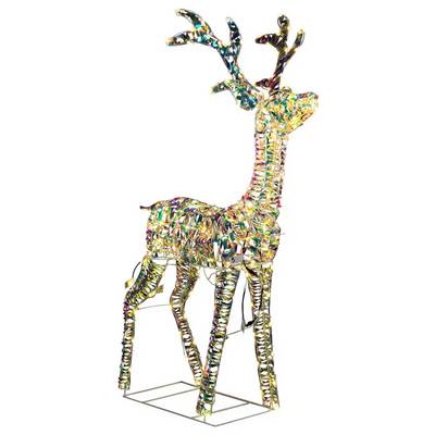 A colorful mosaic-style deer sculpture with antlers, standing on a simple metal frame against a white background.